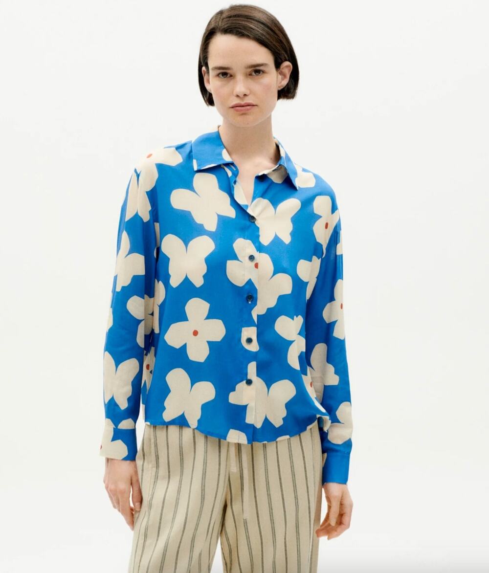 Thinking Mu Blue Cream Abstract Butterfly Print EcoVero Button Up Shirt Top M